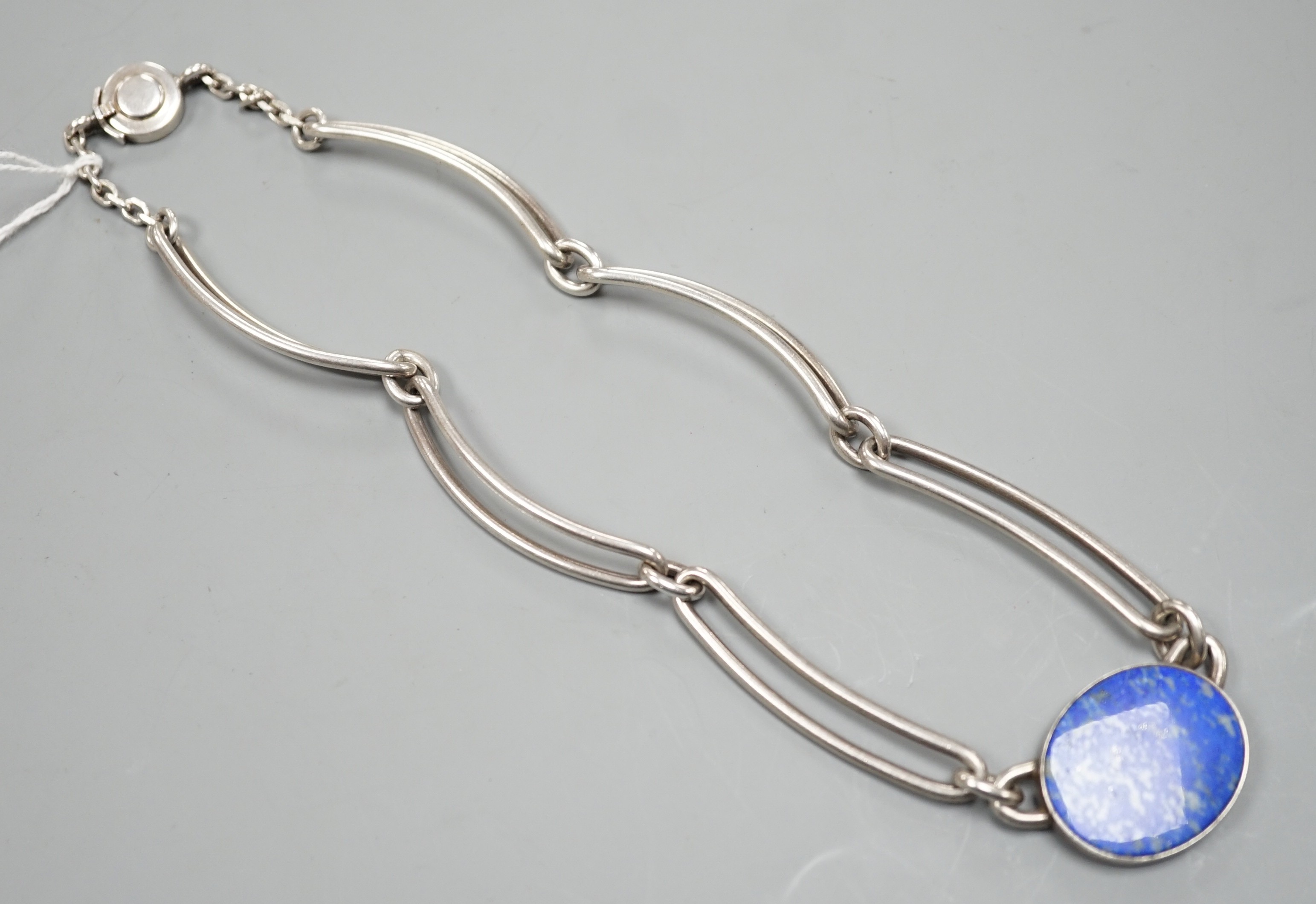 A Niels Eric From Danish 925 sterling and lapis lazuli set necklace, 38cm, gross 55.2 grams.